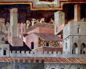 Die Auswirkungen guter und schlechter Regierung auf die Stadt und das Land. Detail der Auswirkungen guter Regierung in der Stadt von Ambrogio Lorenzetti