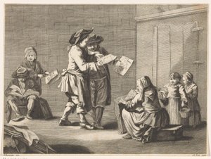 Fünf Männer und Frauen betrachten Drucke von Ambrogio Orio