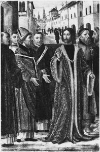 Der heilige Ambrosius verweigert dem römischen Kaiser Theodosius I. den Eintritt in die Kirche in Mailand
