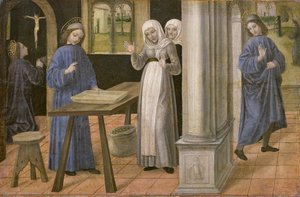 Das Gebet, das Wunder des Siebs und die Abreise nach Subiaco, Predella-Tafel eines Altars mit Szenen aus dem Leben des hl. Benedikt, 1488-95
