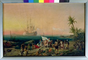 Jean de Bethencourt (ca. 1360-1425), normannischer Navigator, entdeckt die Insel Lanzarote im Jahr 1402, 1848 von Ambroise Louis Garneray