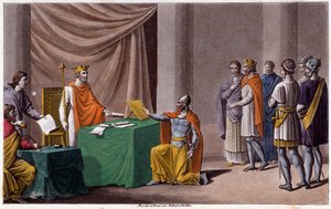 Karl II. der Kahle (823 - 877) unterzeichnete den Vertrag von Verdun (843) mit Ludwig II. dem Deutschen (804 - 876). Entworfen und graviert von Ambroise Tardieu im Jahr 1825 von Ambroise Tardieu