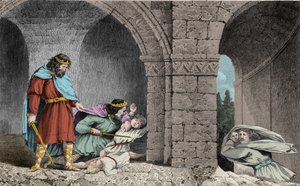Childebert I. (ca. 498-558) beim Mord an den Erben seiner Brüder - Gravur von 1825 in 