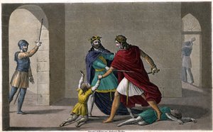 Childebert I. lässt Chlothar die Kinder ihres Bruders Chlodomir, König von Orléans, abschlachten, dessen Staaten sie teilen. Entworfen und graviert von Ambroise Tardieu im Jahr 1825