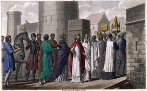 Chilperich, nach dem Mord an Sigebert, betritt Paris in einer Prozession, um nicht den Eid zu brechen, den er abgelegt hatte, nur mit Zustimmung seiner Brüder dorthin zu kommen. Brunehaut (oder Brunehilde), die mit ihrem Sohn Childebert dorthin gegangen wa