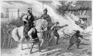 Chlothar I (497-561) verbrennt seinen rebellischen Sohn und seine Familie, 560 - Clotaire (Clothaire) I (497-561), König der Franken, verbrennt seinen Sohn Chramne (Chram, Chramn) und seine Frau im Jahr 560, die sich gegen ihn auflehnten - Gravur 1825 in „