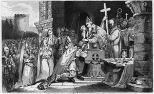 Chlodwig I. (465-511) wird mit Männern aus seiner Armee vor der Schlacht von Tolbiac getauft - Taufe von Chlodwig I., 25. Dezember 496: Der König der Franken (466-511) wird von Saint Remi (437-533), Bischof von Reims, in der Saint Martin Kirche getauft - G
