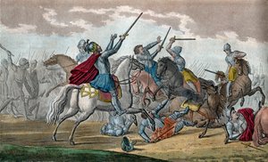 Chlodwig I (466-511), König der Franken, Dynastie der Merowinger - Während der Schlacht von Tolbiac gegen die Alemannen gelobte er, zum Katholizismus zu konvertieren, wenn Gott ihm den Sieg gewährt - Zeichnung und Gravur von Ambroise Tardieu, 1825