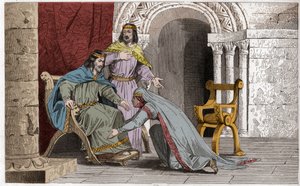 Emma küsst das Knie ihres Mannes Raoul (gest. 936) in Anerkennung seiner Souveränität - Emma von Frankreich (894-934) küsst die Knie ihres Mannes Raoul (ca. 890-936), den sie während der Gefangenschaft von Karl III. dem Einfältigen zum König wählte - Gravu