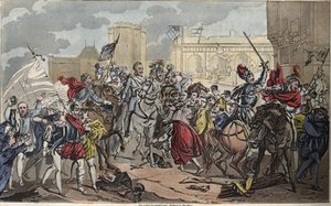 Einzug von Heinrich IV. in Paris: Heinrich IV. (1553 - 1610). Die Konversion des Königs zum Katholizismus brachte den letzten Schlag gegen die Liga, öffnete die Tore von Paris und das Herz seiner Untertanen im Jahr 1594. - Zeichnung und Gravur von Ambroise