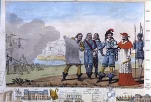 Ludwig XIII. (1601-1643) und Kardinal Richelieu bei der Belagerung von La Rochelle, dem Waffenplatz der Protestanten - Entworfen und graviert von Ambroise Tardieu im Jahr 1825. von Ambroise Tardieu