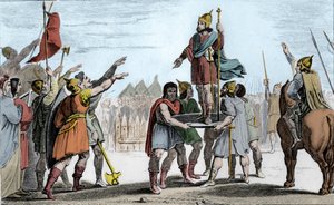 Pharamond I. (ca. 370-427), König der Franken. Auf einem Schild von seinem Volk, das ihn zum König gewählt hat, erhoben - Pharamond, anerkannt von den Franken-Saliern und den Galliern, die zu einem Volk vereint sind, wird auf einem Schild erhoben und geht 