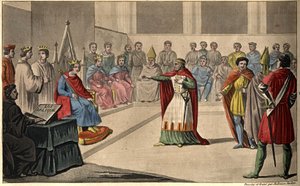 Philipp V. genannt „Der Lange“ (1294-1322). Die Generalstände, die im Louvre einberufen wurden, erklärten Philipp V. zum König und schlossen seine Nichte Jeanne 1316 von der Krone aus; somit Anwendung des salischen Gesetzes. Er folgte Johann I. posthum nac von Ambroise Tardieu