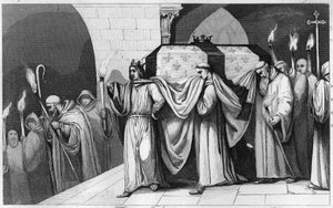 Philippe III. der Kühne hilft, den Sarg seines Vaters in die Basilika von Saint Denis zu tragen - Philippe III. der Kühne transportiert die Reliquien seines Vaters Louis IX. (Saint Louis) zur Basilika von Saint Denis, Nekropole der Könige im Jahr 1271 - Gr von Ambroise Tardieu