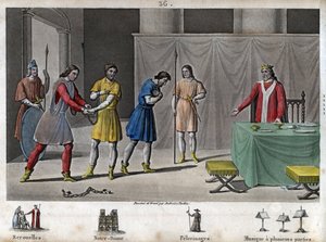 Robert II., der Fromme (970 - 1031) entlässt Verschwörer - Robert II., bekannt als „der Fromme“ (972-1031), Kapetinger-Dynastie. Er wusste, dass zwei Verschwörer zum Tode verurteilt worden waren, ließ sie kommunizieren, behandelte sie gut und entließ sie i von Ambroise Tardieu