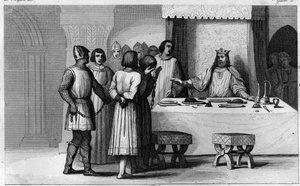 Robert II., der Fromme, befreit Verschwörer - Robert II. genannt „der Fromme“, Dynastie der Kapetinger - Da er wusste, dass zwei Verschwörer zum Tode verurteilt worden waren, ließ er sie kommunizieren, gut behandeln und dann freilassen - Gravur