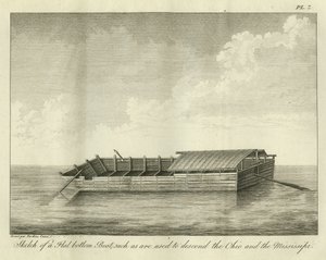 Skizze eines flachen Bodenbootes, wie sie zum Abstieg des Ohio und Mississippi verwendet werden, veröffentlicht 1826