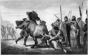Der Tod von Königin Brunhilda von Austrasien, eine westgotische Prinzessin, verheiratet mit König Sigebert I. von Austrasien - Folter von Brunehaut: Brunehaut oder Brunehilde (543-613), Gefangene von Chlothar II., wird 613 an den Schwanz eines feurigen Pfe