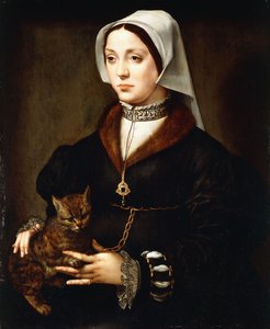 Porträt einer Dame, dreiviertellang, in dunklem Kostüm, eine Katze haltend von Ambrosius Benson