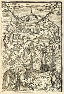 Karte der Neuen Insel Utopia aus einer Ausgabe von 1518 von Utopia von Sir Thomas More (1478-1535), erstmals veröffentlicht 1516. Holzschnitt von Ambrosius Holbein (ca. 1494-ca. 1519)