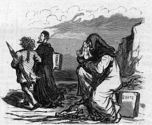 Der arme Dante beginnt zu weinen, als er Gustave Doré Arm in Arm mit diesem kleinen Rabelais-Mann sieht. Karikatur von Cham. Gravur in „Le Monde Illustré“ Nr. 821 vom 4. Januar von Amédée de Noé