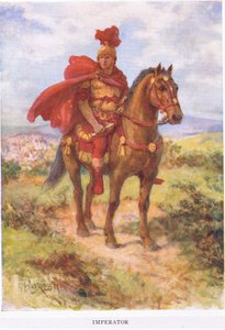 Imperator: ursprünglich, wie hier, wurde der siegreiche römische General von seinen Soldaten im Feld begrüßt. Später war der Titel nur den Kaisern vorbehalten, Illustration aus Der römische Soldat, 1928 von Amedee Forestier
