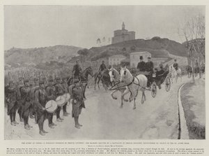 Die Königin in Cimiez, ein angenehmes Beispiel französischer Höflichkeit, Ihre Majestät wird von einem Bataillon französischer Infanterie gegrüßt, das zufällig auf der St Andre Road getroffen wurde von Amedee Forestier