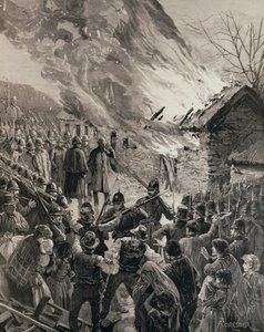 Der Mietkrieg in Irland: Verbrennung der Häuser von vertriebenen Mietern in Glenbeigh, County Derry, aus 