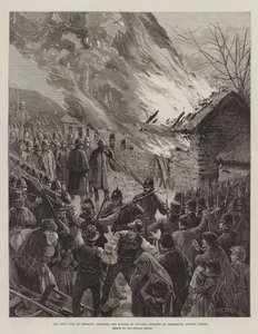 Der Mietkrieg in Irland, das Verbrennen der Häuser von vertriebenen Mietern in Glenbeigh, County Kerry