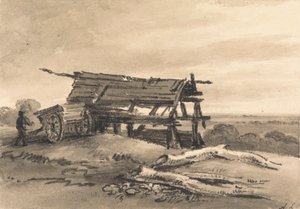 Ansicht von Harrow: mit Landarbeiter, Wagen und zerstörter Scheune