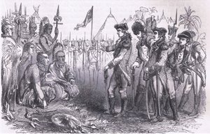 General Burgoyne spricht zu den Indianern, Illustration aus Cassells Geschichte der Vereinigten Staaten, veröffentlicht von Cassell, Petter & Galpin, ca. 1900 (Lithografie)