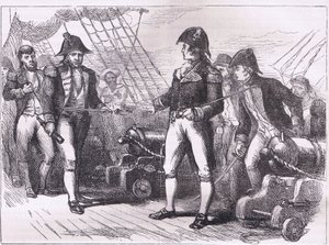 Die Offiziere der Chesapeake bieten ihre Schwerter an (Illustration aus Cassells Geschichte der Vereinigten Staaten)