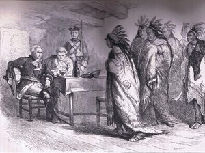 Besuch von Pontiac und den Indianern bei Major Gladwin 1763, Illustration aus Cassells Geschichte der Vereinigten Staaten, veröffentlicht von Cassell, Petter & Galpin, ca. 1900