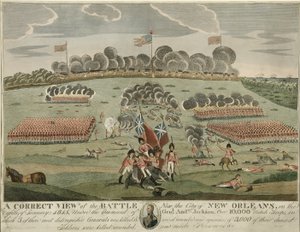 Eine korrekte Ansicht der Schlacht bei der Stadt New Orleans, veröffentlicht ca. 1815 (handkolorierte Gravur) von American School