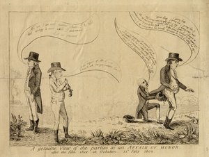 Eine echte Ansicht der Parteien in einer Ehrensache nach dem fünften Schuss in Hoboken, 31. Juli 1802
