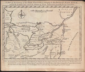 Karte des Landes der Fünf Nationen, das zur Provinz New York gehört; und der Seen, in deren Nähe die Nationen der fernen Indianer leben, mit einem Teil von Kanada, von Cadwallader Colden von American School