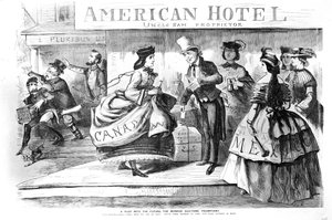 Ein Blick in die Zukunft - die Monroe-Doktrin triumphiert, Karikatur aus Frank Leslies Budget of Fun, November 1863 von American School