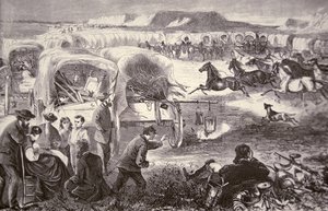 Ein Wagenzug bildet einen Korrall auf dem Oregon Trail von American School