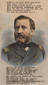 Amerikanischer Soldat und Politiker Ulysses S. Grant, Werbekarte für Blackwell Durham Bull Tobacco, 1870er Jahre