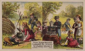 Amerikanische Werbekarte für Nähmaschinen und Öfen der Florence Machine Company, Massachusetts, ca. 1880er Jahre von American School