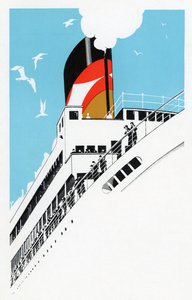 Art-Deco-Illustration eines Kreuzfahrtschiffs mit Passagieren aus den 1920er Jahren von American School