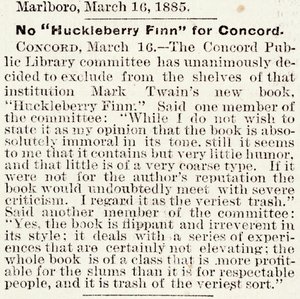 Artikel im Boston Daily Globe über das Verbot von Huckleberry Finn in Concord, Massachusetts, vom 16. März 1885 von American School