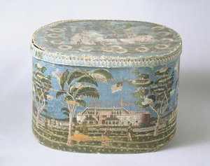 Hutschachtel mit blockbedrucktem Papier, das eine Ansicht eines Schlosses zeigt, ca. 1835