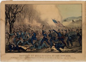 Schlacht von Mill Spring, Ky. 19. Januar 1862, veröffentlicht von Currier & Ives, ca. 1862