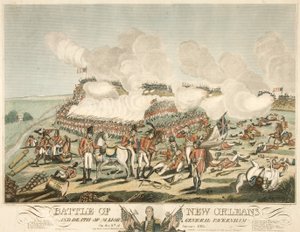 Schlacht von New Orleans und Tod von Generalmajor Packenham am 8. Januar 1815, veröffentlicht 1815 (kolorierte Gravur) von American School