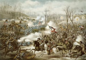 Schlacht von Pea Ridge, Arkansas, 6.-8. März, graviert von Kurz & Allison