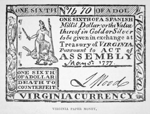 Schein über ein Sechstel eines Dollars, Papiergeld von Virginia aus dem Jahr 1777 von American School