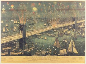 Vogelperspektive auf die Große New Yorker und Brooklyn-Brücke und das große Feuerwerk zur Eröffnungsnacht 1883