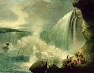 Blondin überquert die Niagarafälle auf einem Drahtseil, ca. 1859-60 von American School