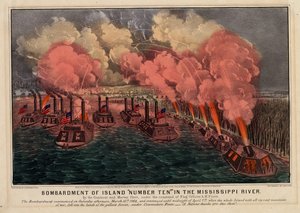 Bombardierung von Island Number Ten im Mississippi River, veröffentlicht von Currier & Ives, 1862